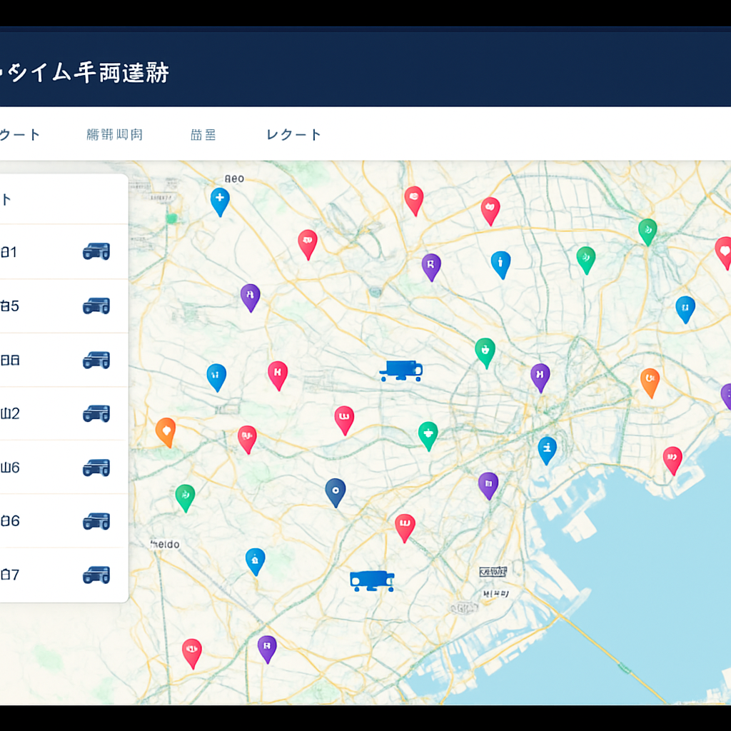全車両の現在位置を地図上にリアルタイム表示する動態管理画面